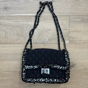 Boutique Black Quilted Fringe Chain Ribbon Strap Shoulder Fashion Bag